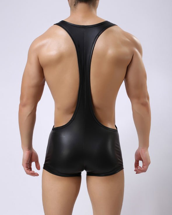 LEATHER LOOK SUSPENDER BULGE POUCH SINGLET - nutzcase